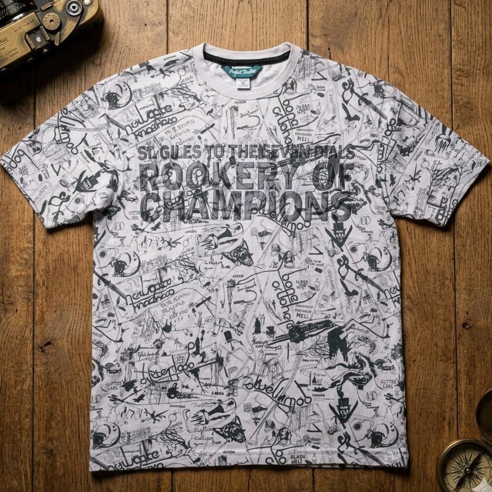 Vintage Artful Dodger Y2K All Over Print T-Shirt Rookery Pima Cotton Men's L